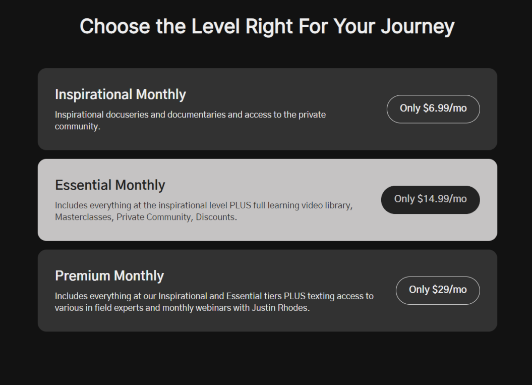 Abundance+ membership tiers: Inspirational Monthly, Essential Monthly, and Premium Monthly, detailing their features and prices.