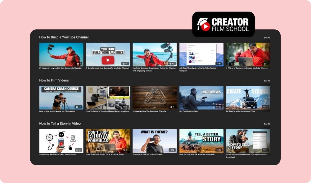 an image showing an example of a YouTube channel of Creator Film School's video library
