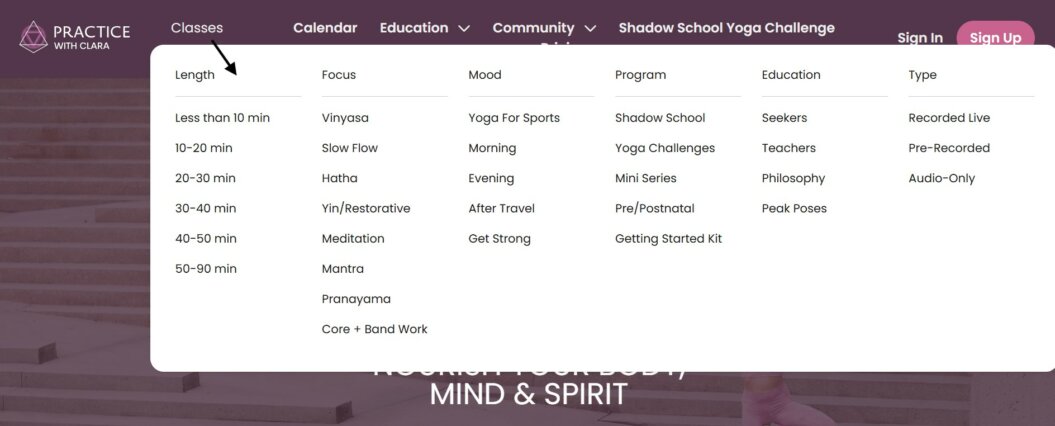 an image of the Classes dropdown under the primary navigation tab of Practice With Clara site
